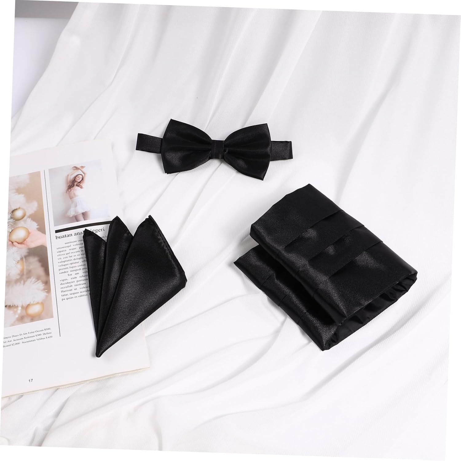 Mens Cummerbund and Bow Tie Set Pocket Square Bow Tie Black Mens Formal Satin Bowtie and Cummerbund Set Gentlemen Suit Accessories for Business Wedding Party Banquet