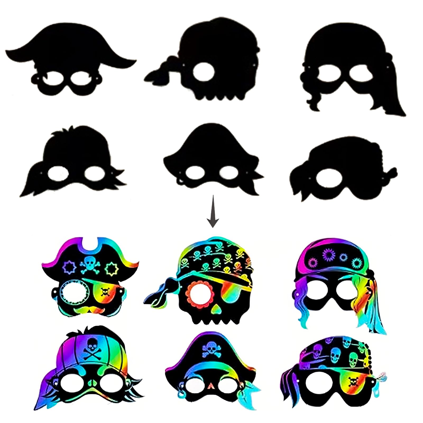 Lot de 48 masques de pirate arc-en-ciel à gratter pour anniversaire