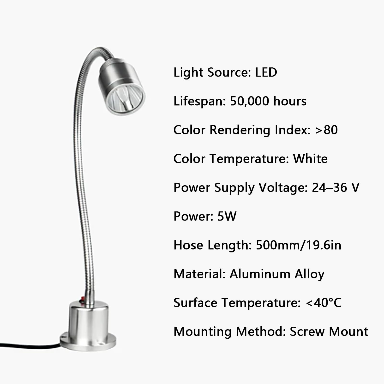 Lampada da Lavoro da 5 W, Lampada Flessibile a Collo D'oca da 24-36 V, Base con Fissaggio a Vite, per Torni, Banchi da Lavoro e Macchine da Cucire