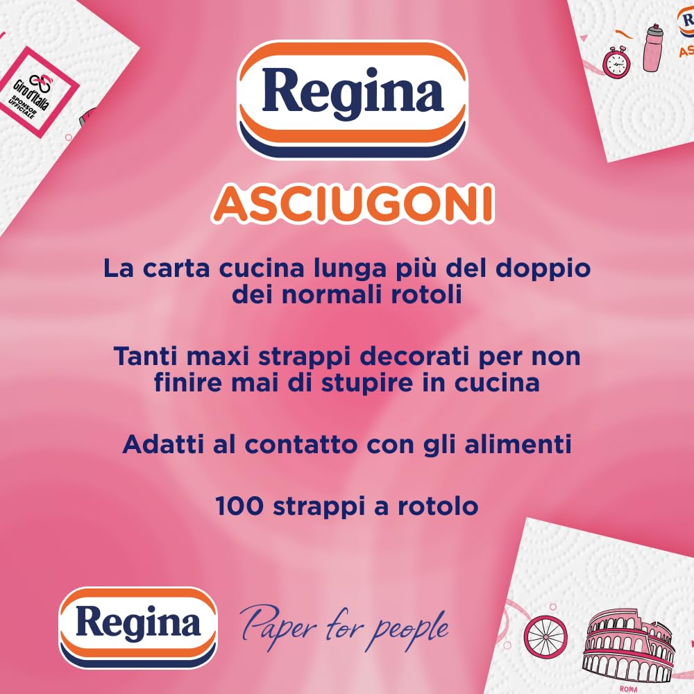Regina Asciugoni Carta Cucina, 12 Rotoli da 100 Strappi a 2 veli, Maxi Fogli più Grandi e più Assorbenti, Carta 100% certificata FSC