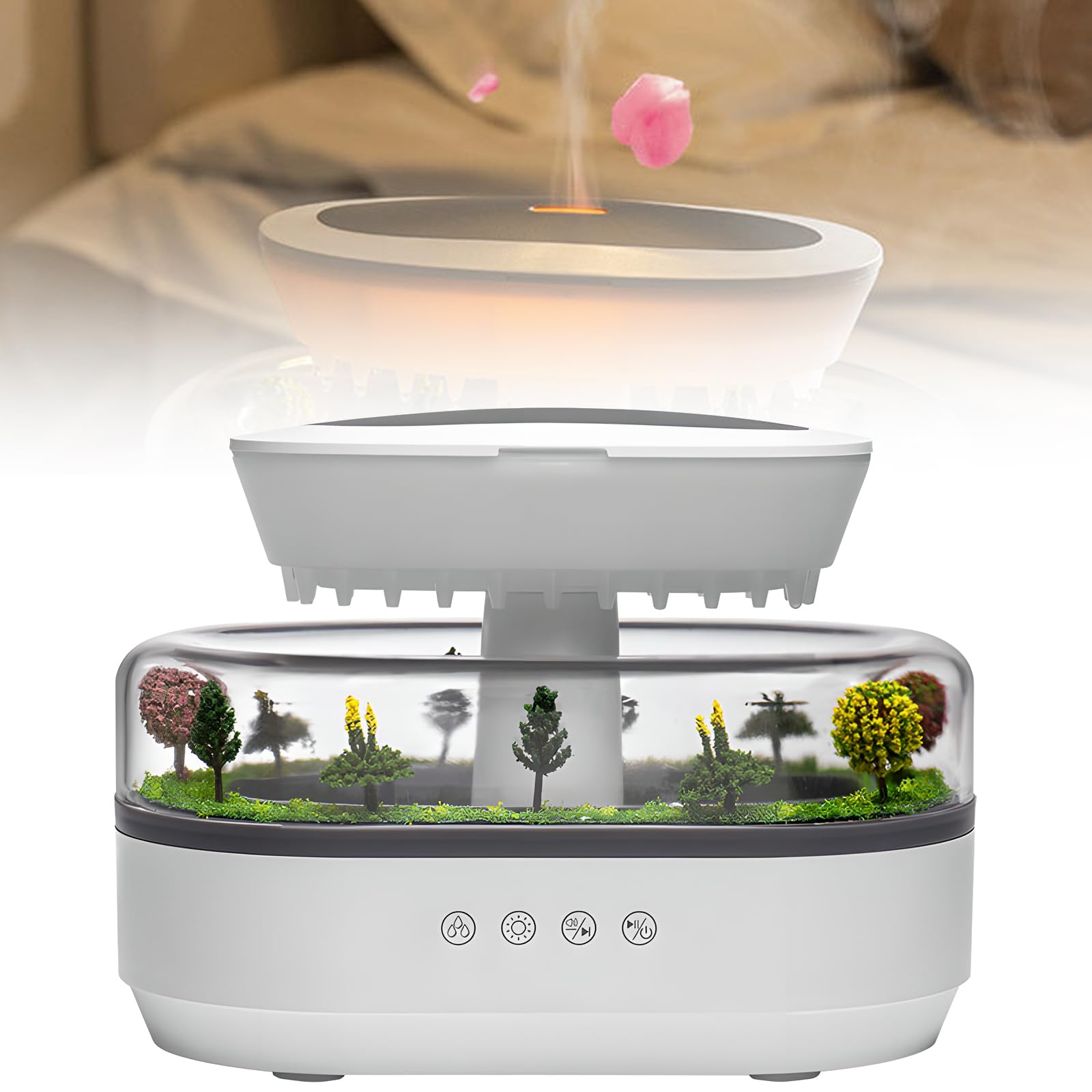 Humidificateur de gouttes de pluie anti air sec avec veilleuse 7 couleurs et bruit blanc sommeil