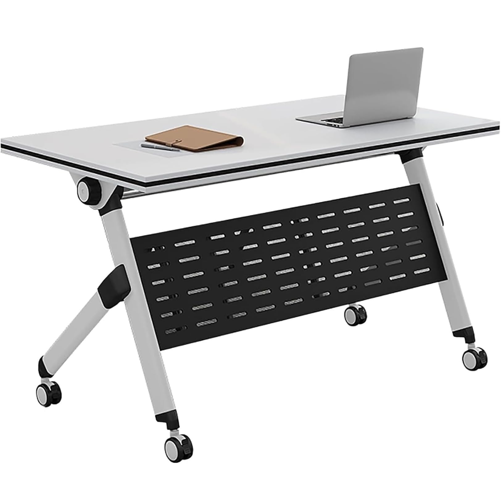 HTDRE Mobile Folding Conference Table Flip-Top Meeting Desk with Lockable Wheels Space-Saving & Metal Frame Perfect for Office Training Seminars & Events