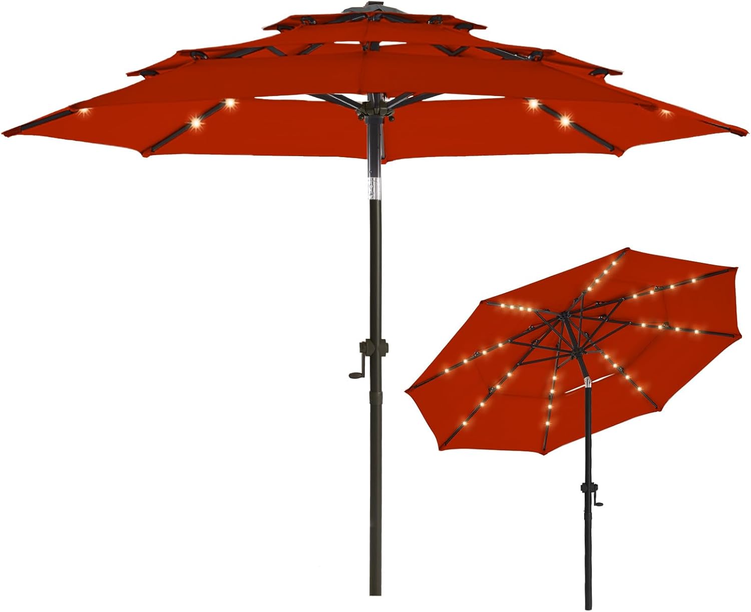 wikiwiki 9FT 3Tiers Solar Led Patio Umbrella, Sturdy Outdoor Market Umbrella for Deck, Pool, Garden w/Tilt, Crank, 32 LED Lights, Red
