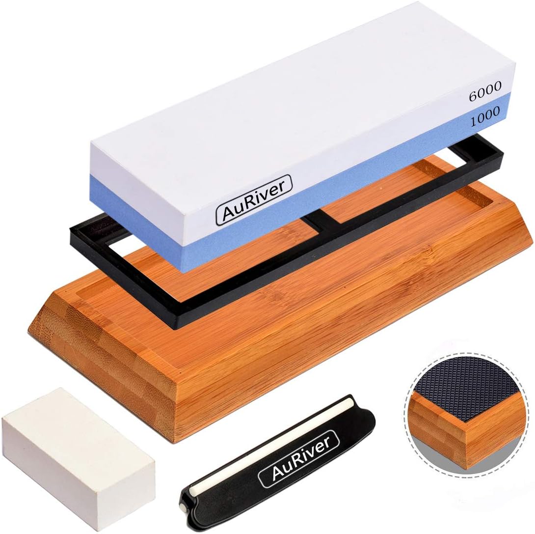 AuRiver Whetstone Knife Sharpener Premium, Sharpening Stone Set 2 Side Grit 1000/6000, with Non-Slip Bamboo Base & Flattening Stone & Angle Guide, for Kitchen & Chef Knives