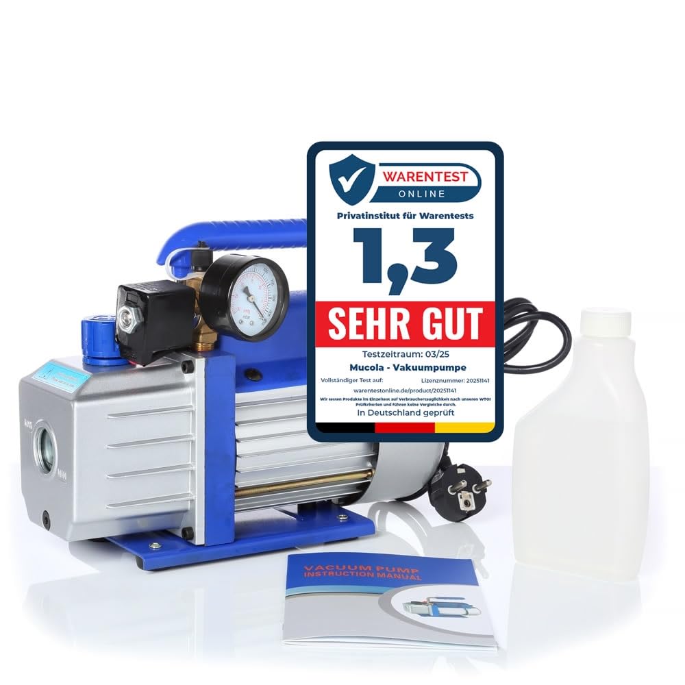 Mucola Vakuumpumpe 99 L/Min 250 Watt Aluminium 230V – Unterdruckpumpe mit Schauglas, Vakuum bis 5 Pa, Schlauchanschlüsse 1/4" und 3/8" SAE | für Klimaanlagen, Kältetechnik und Wärmepumpen Service