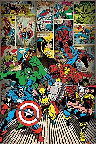 Iron Man Póster Marvel Comics Here Comes The Heroes/Aquí Vienen los héroes (61cm x 91,5cm) + 2 Marcos Negros para póster con suspención