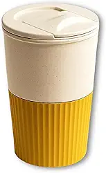 Copo de Café e Chá em Fibra de Bambu, 400ml, Reutilizável com Tampa, Ecológico, Portátil com Tampa rosqueável não cai, Ideal para Viagem, Home Office e Escritório (Amarelo)