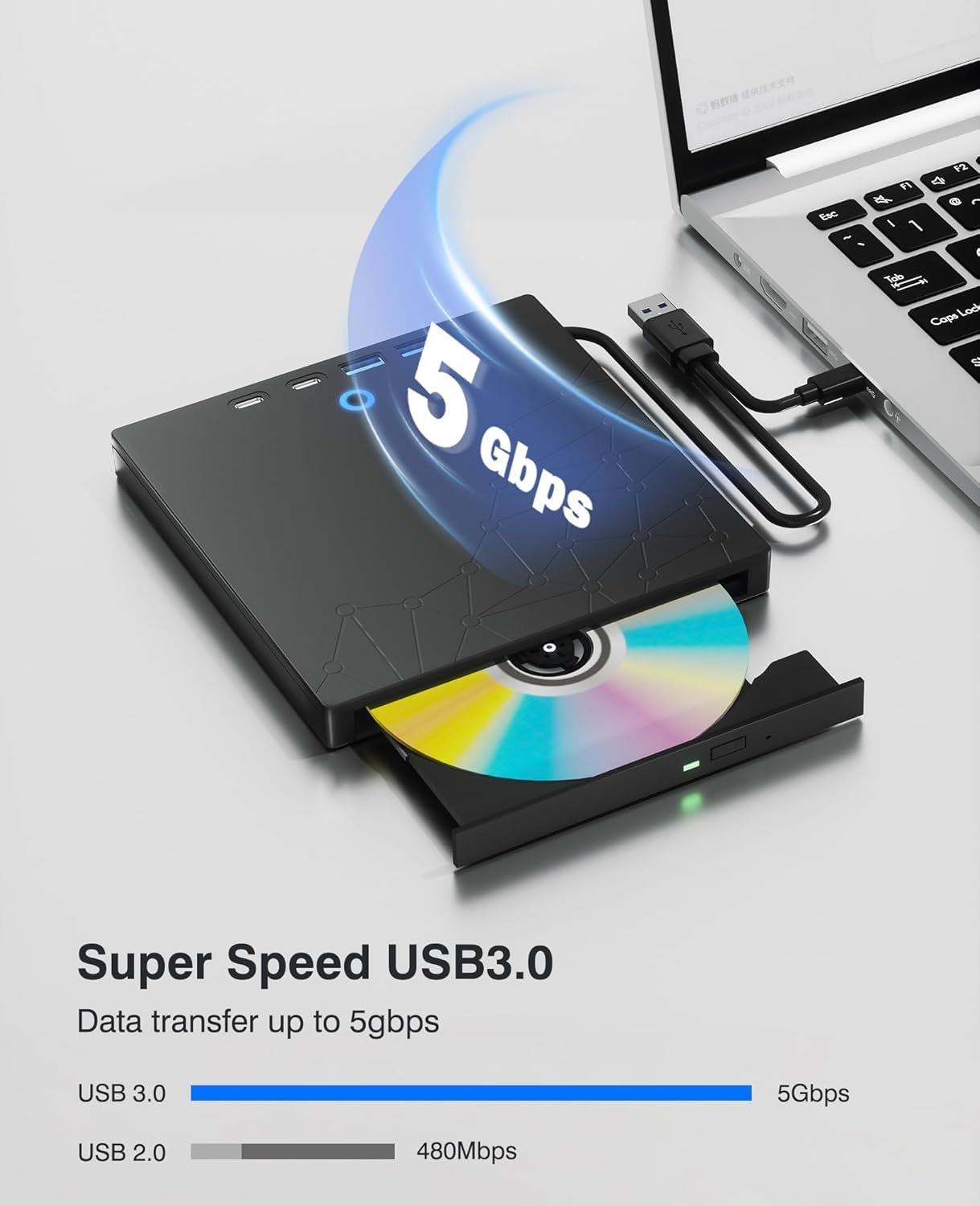 Unidad externa de CD/DVD para portátil, grabadora de DVD para laptop, 8 en 1, USB 3.0, reproductores de CD portátiles con puertos SD/TF, unidad de disco externa óptica para MacBook Windows 11