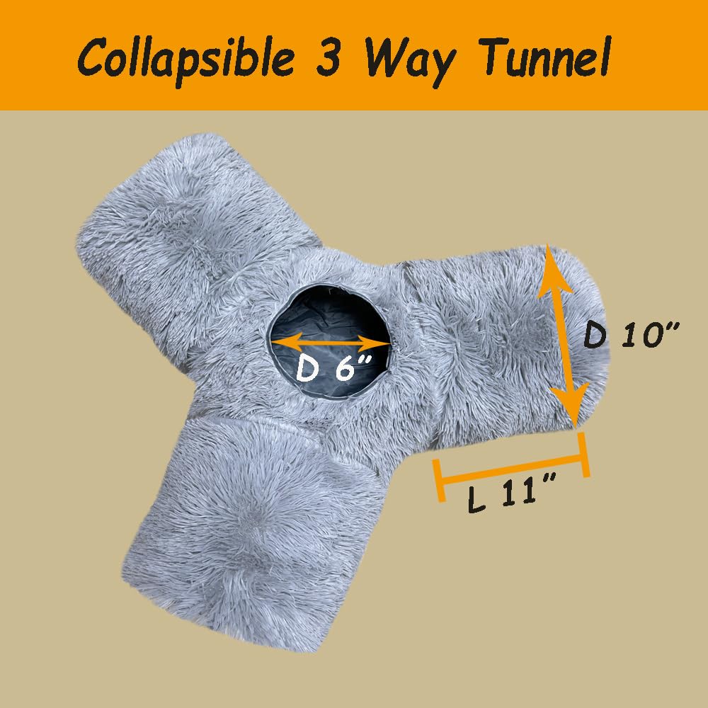Túnel plegable para gatos de interior de 3 vías de felpa gris, tubo de juego portátil con agujeros para mirar, perfecto para gatitos, conejos y mascotas pequeñas, juguete interactivo