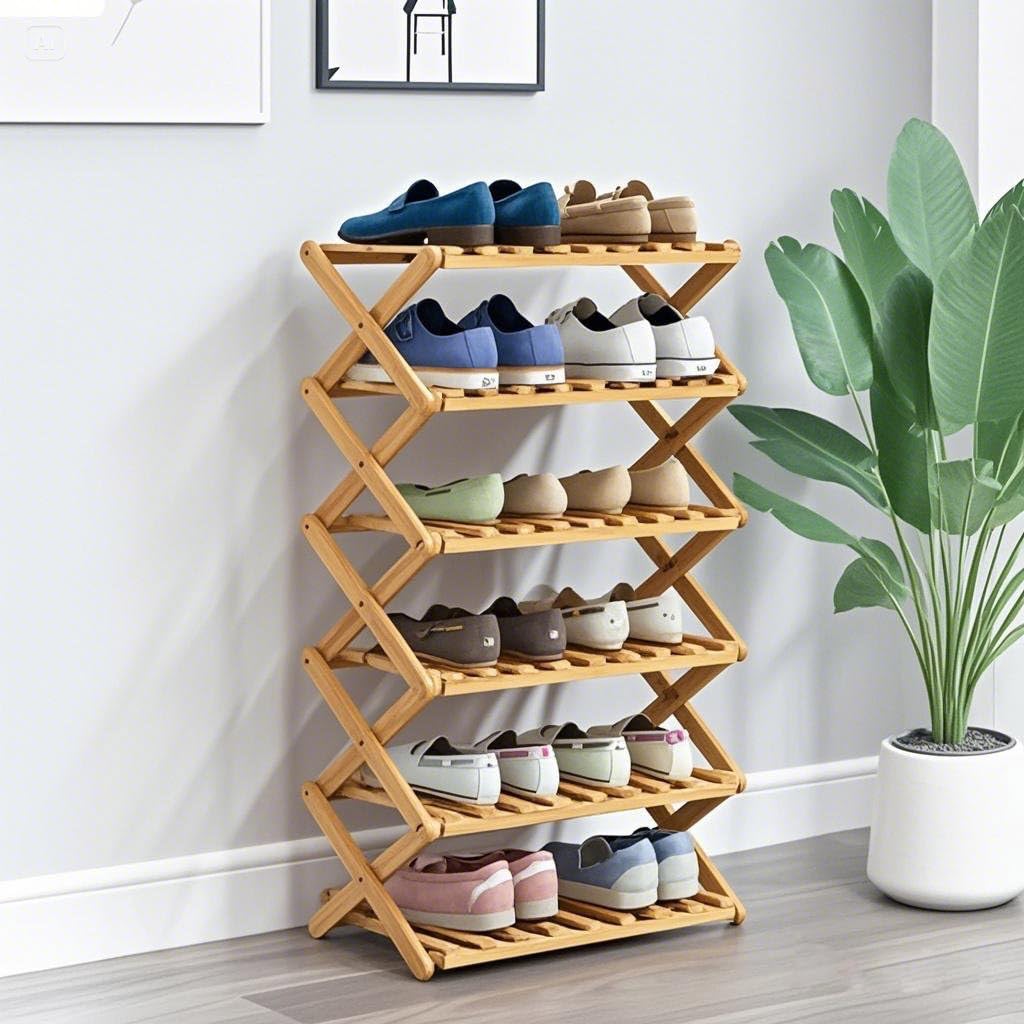 Glsety 6 Tier Bamboo Shoe Rack,Portable Folding Shoe Storage Rack,Without Installation Small Shoe Rack Perfect for Corridors, Bedrooms and Small Spaces โ image 1