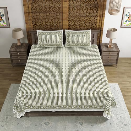 Image of BLOCKS OF INDIA Hand Block Printed 200 TC Cotton Super King Size Bedsheet (Green LINE)