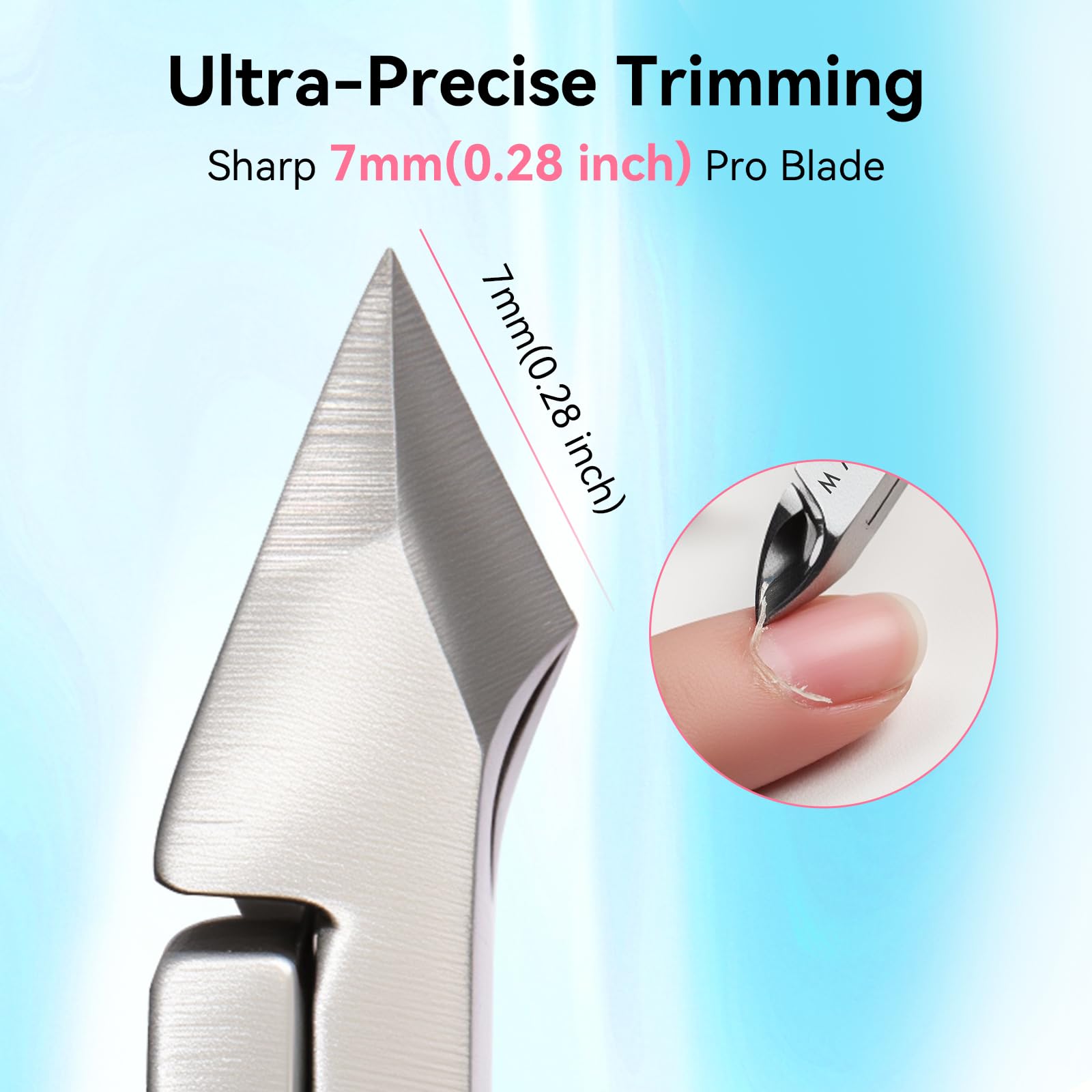 Cortadora de cutículas con empujador de cutículas, pinza de cutículas de acero inoxidable con doble resorte, mango ergonómico, hoja de 0.276 in y empujador de doble extremo para cuidado de 2