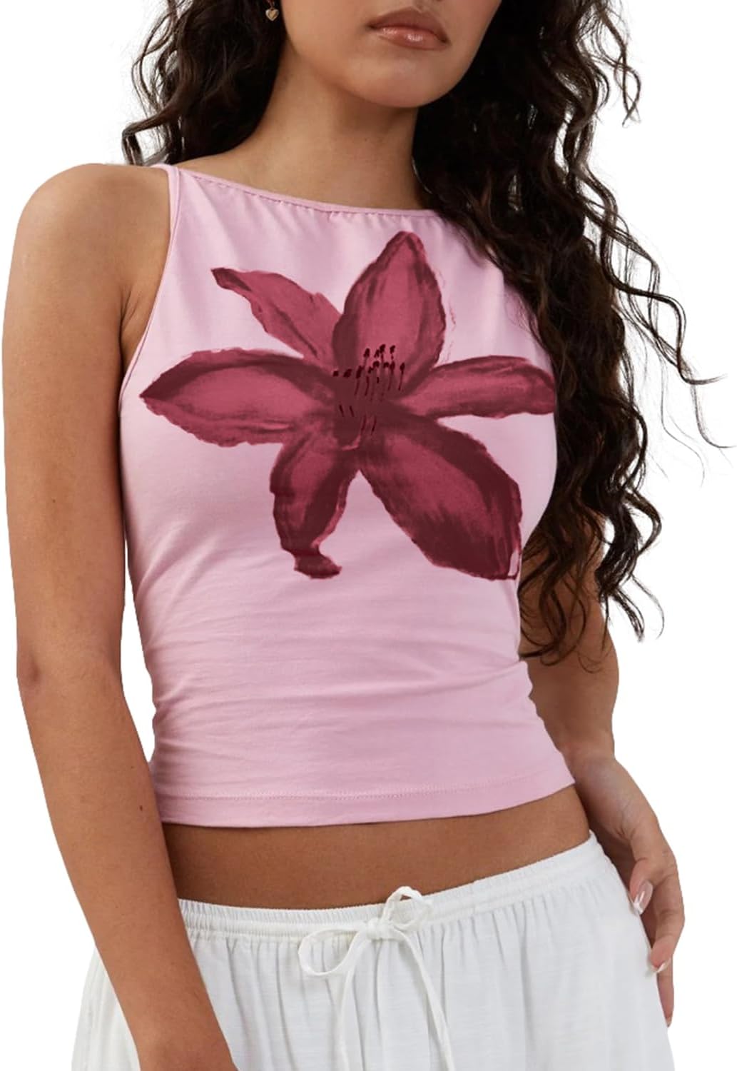 Cioatin Women Cute Yellow Floral Print Crop Tank Tops Sleeveless Slim Fit Cotton Y2K Aesthetic Preppy Summer Cami Outfit