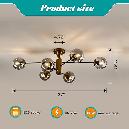 Miniatura 2 de FGSADI Lámpara de techo moderna semiempotrada de 6 luces Sputnik dorada con globo de vidrio de mediados de siglo para comedor, cocina, dormitorio,