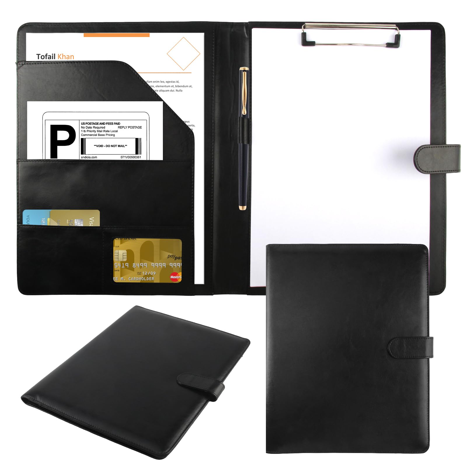 Porte Document A4 Conférencier A4 | Conferencier Cuir PU Porte Documents Homme Femme avec Fermeture Magnétique Avec Pince Support Papier pour L'école Bureau Noir