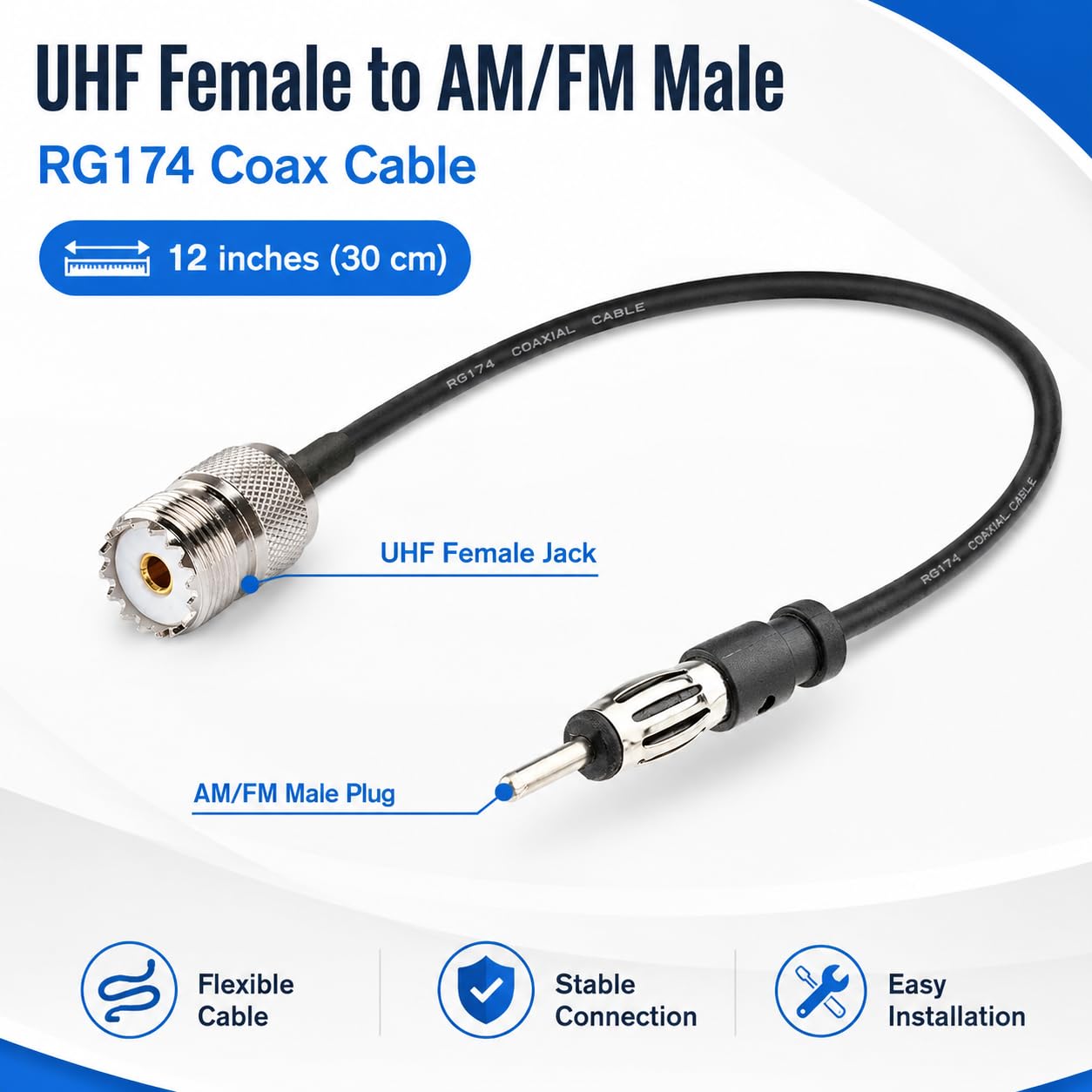 UHF-Buchse auf AM/FM-Stecker, RG174 Koaxialkabel, 30,5 cm, für Radioantenne
