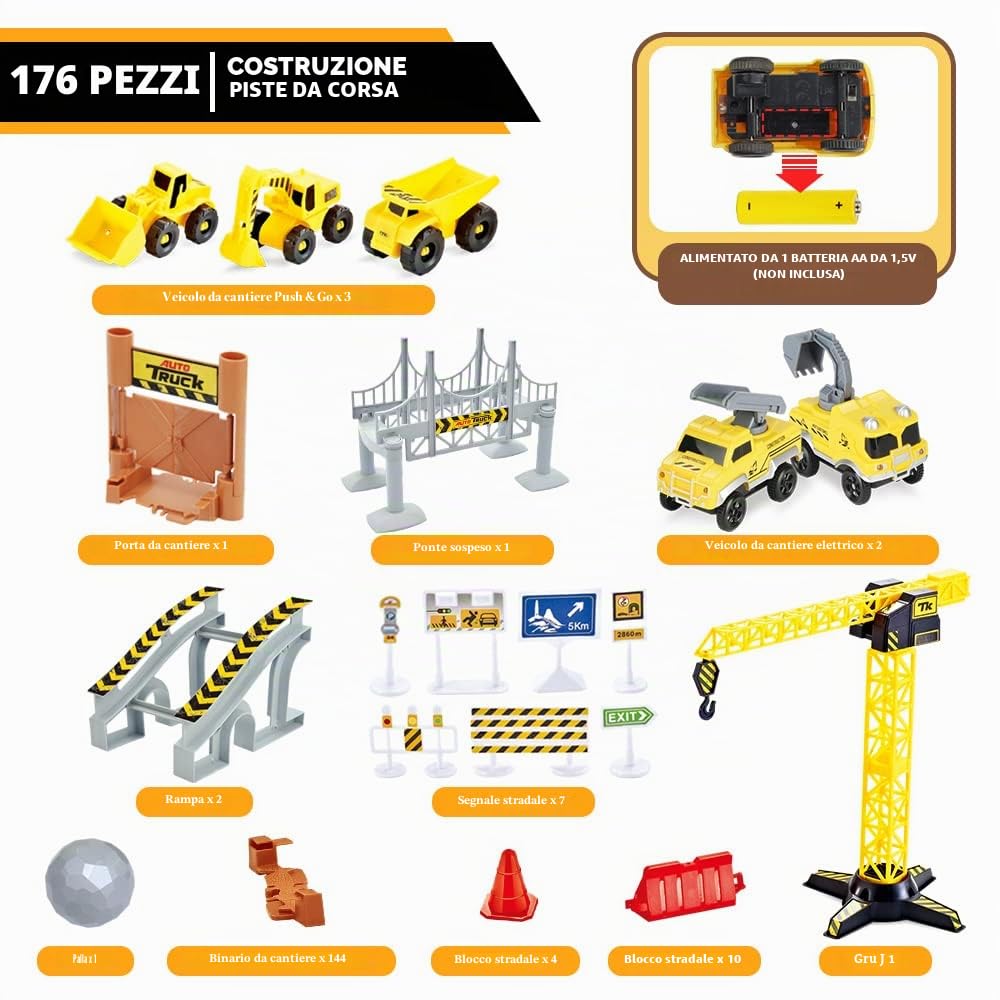 Mini Tudou Costruzione Flessibile Piste da corsa 2 veicoli da elettrici | Giocattoli da pista ingegneristici con dumper,gru,accessori di assortimento per bambini