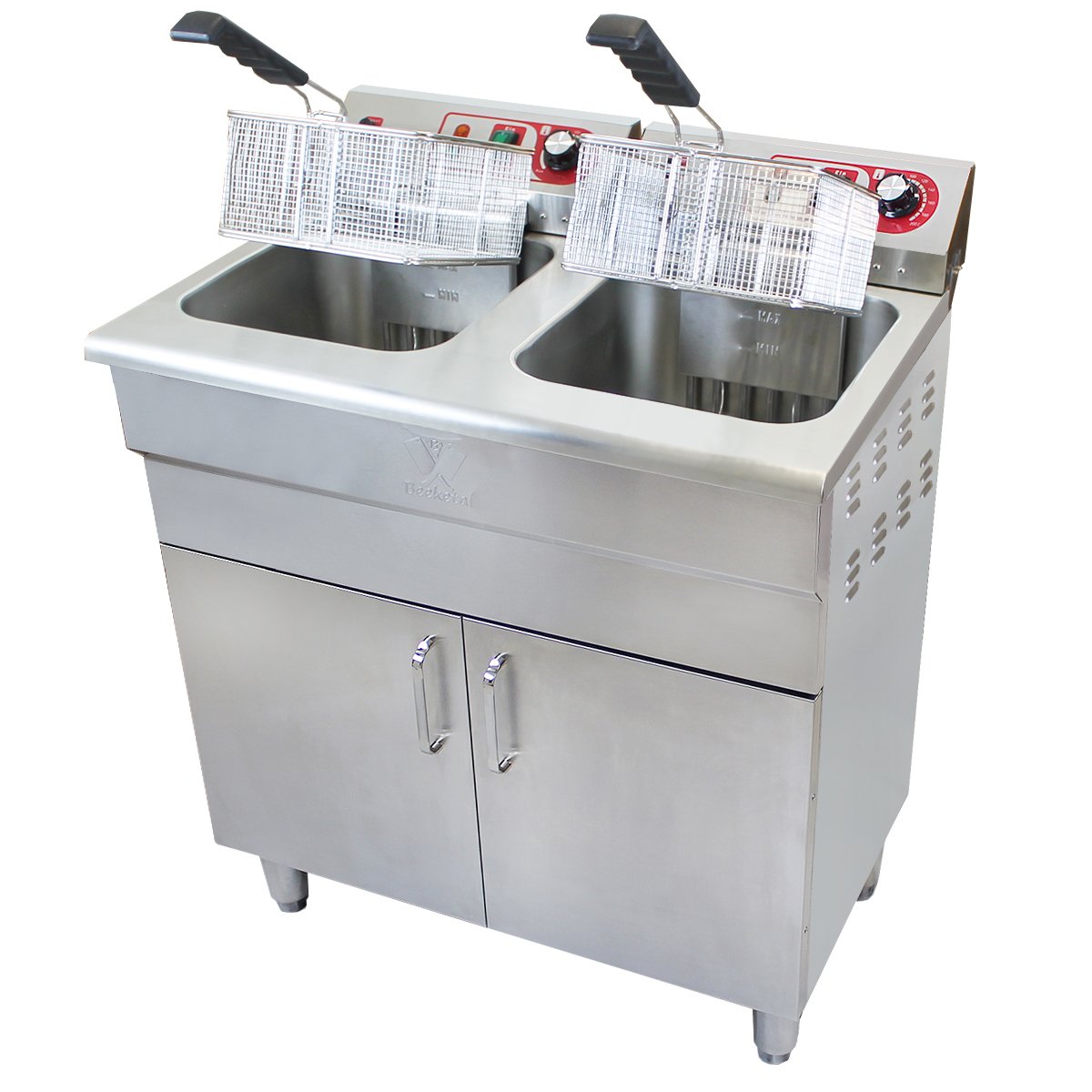Beeketal 'BSF-320P' Profi Gastro Stand Doppel Fritteuse mit Unterschrank (2 x 16 L Volumen für max. 2 x 11 L Öl) Friteuse mit Fettablaufhahn im Schrank, 2 x 5000 Watt, 400V-50Hz Starkstrom Anschlüsse