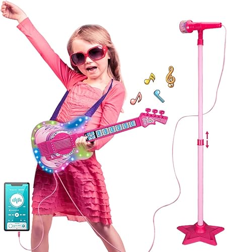 Miniatura 9 de TAKIHON Juego de guitarra y micrófono para niños, juguetes de guitarra con música y luz colorida, micrófono de altura ajustable con soporte,