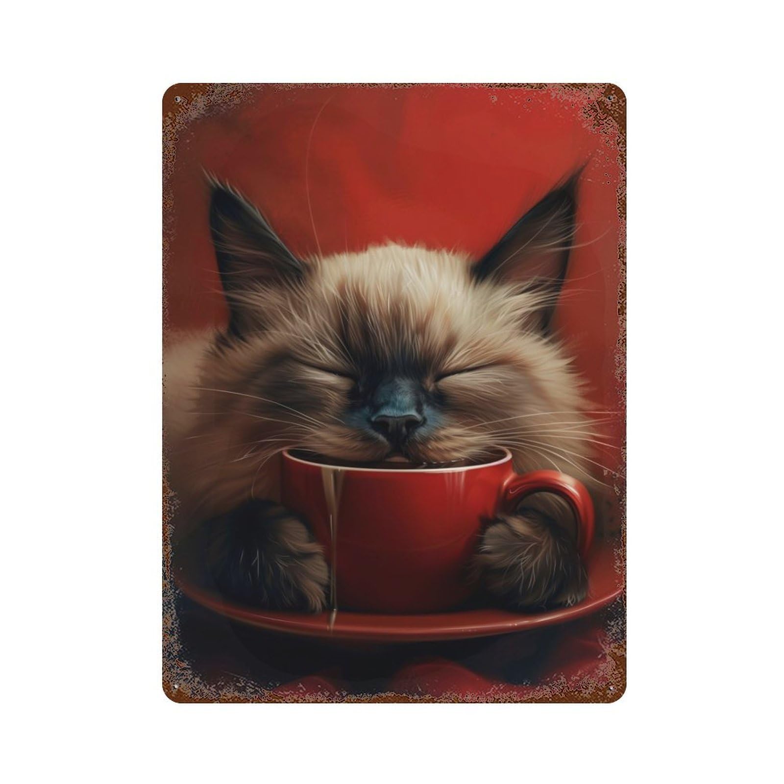 Siamese Cat with Coffee Vintage Wall Sign 15.7"x11.8", Rust Effect Metal Decor for Cafe, Home Bar And Lounge Decor