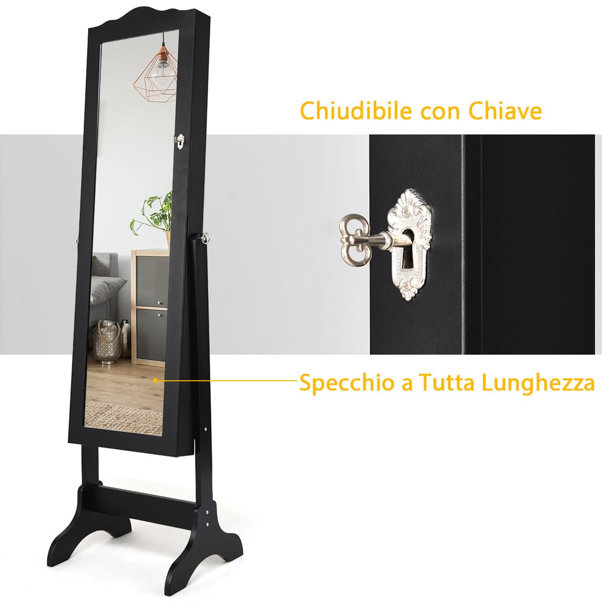 RELAX4LIFE Armadietto Portagioie da Terra con Specchio a Figura Intera, 4 Angolo di Inclinazione Regolabile, Specchio da Terra per Gioielli e Accessori, 45 x 37 x 160 cm (Nero)