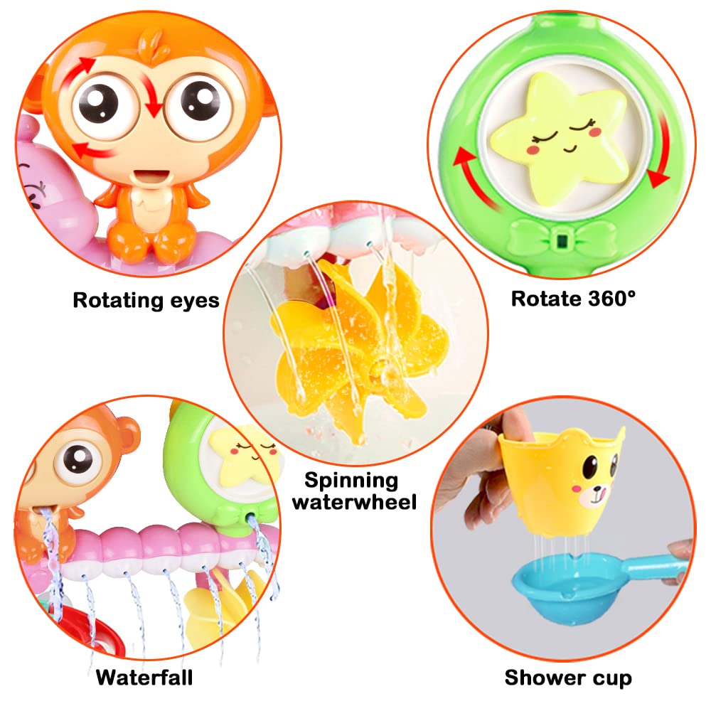 G-WACK Bath Toys for Toddlers Age 1 2 3 Year Old Girl Boy, Preschool New Born Baby Bathtub Water Toys, Durable Interactive Multicolored Infant Toy, Lovely Monkey Caterpillar,Strong Suction Cups Pink