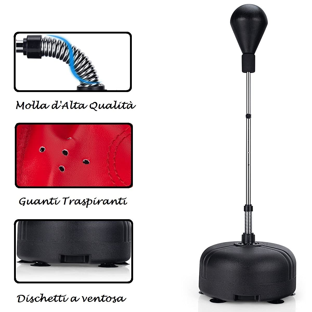 GYMAX Sacco da Boxe da Terra Regolabile in Altezza a 4 Livelli, Punching Ball Boxe con Base Riempibile con Sabbia o Acqua, 6 Dischetti a Ventosa e Guanti Imbottiti in Cotone, Nero