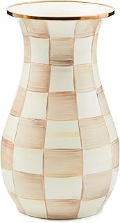 MACKENZIE-CHILDS Tall Enamel Checkered Vase, Unique Flower Vase, Brown-and-White Mocha Check, Steel, 6" L x 6" W x 12" H