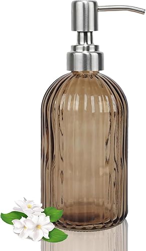 Dispensador de jabón marrón de 14 onzas para baño, dispensadores de jabón de manos de vidrio transparente con bomba de acero inoxidable, dispensador