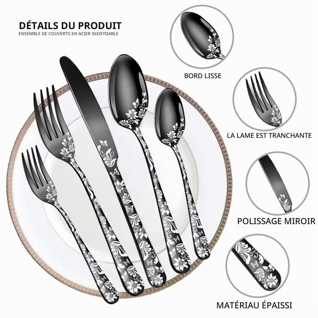 XIAOYU Ensemble de couverts 20 pièces, ensemble de couverts en acier inoxydable pour 4, motif unique, comprend des couteaux/fourchettes/cuillères, va au lave-vaisselle, or
