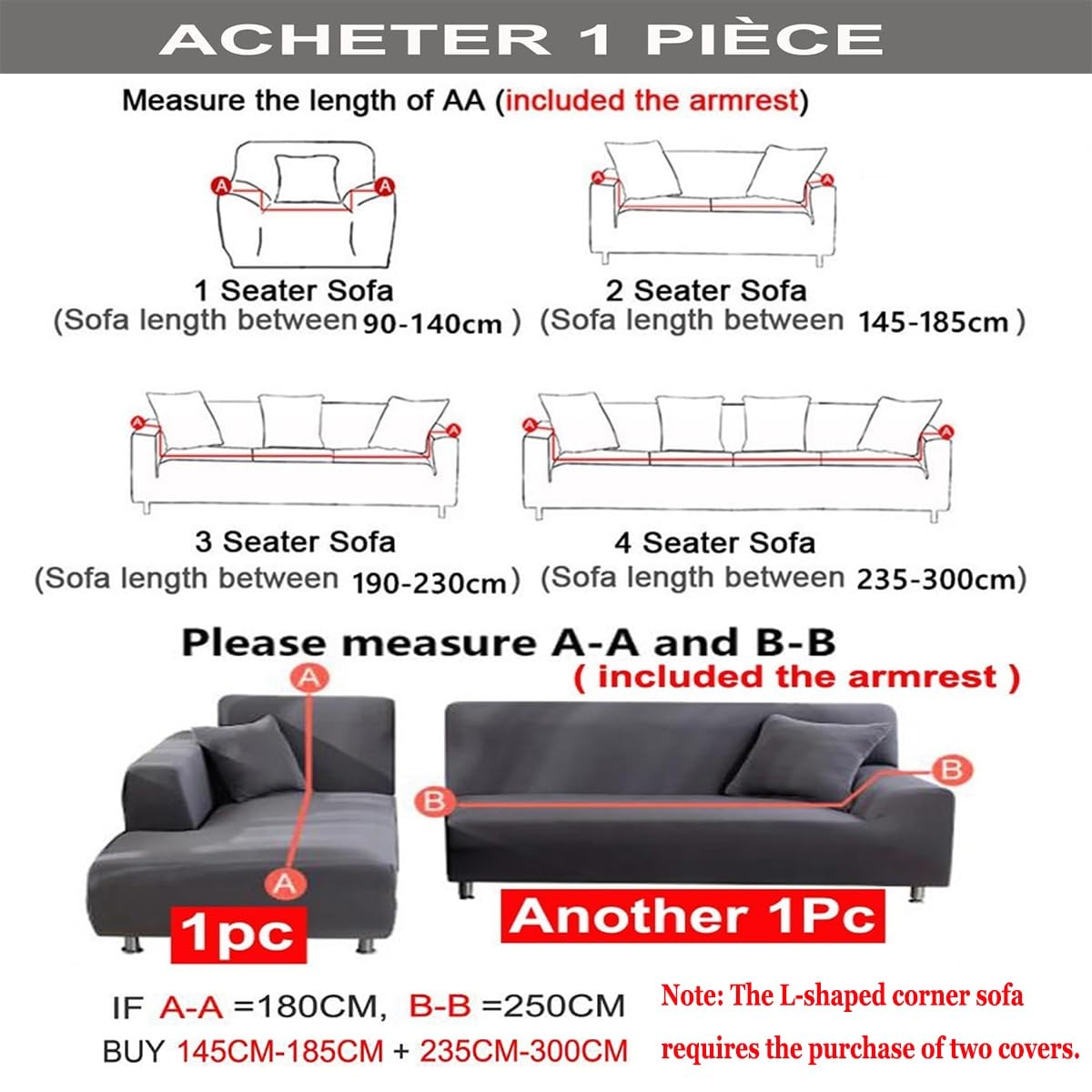 Sofabezug 2/1/3/4 Sitzer, Sofa Überzug L U Form Ecksofa Stretch Sofa/Couch Überzug, Universal Couchbezug, Sofa Cover Sofa Überwurf Sofaschoner(#I,235cm-300cm(1pcs))