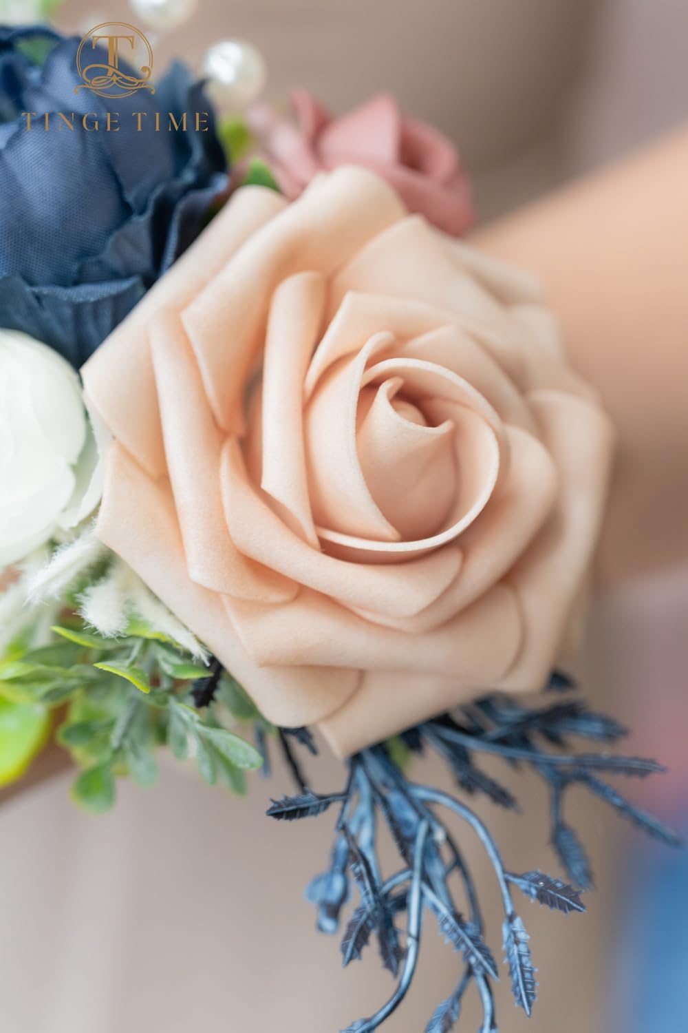 TINGE TIME Set of 2 Wrist Corsage Bracelets Pearl Wristlet Band Bridesmaid Bracelet for Wedding Ceremony Bridal Shower Wedding Artificial Flower Prom (DustyRose&NavyBlue)