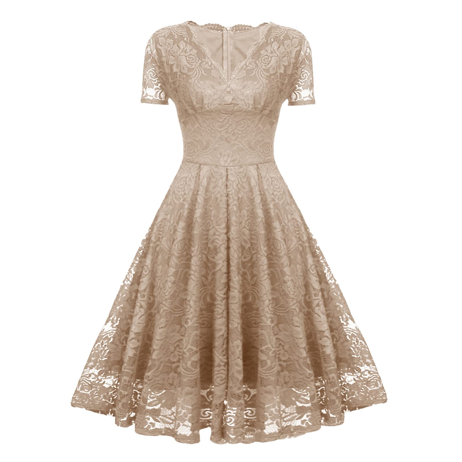 Spitzenkleid Damen V-Ausschnitt Midikleid Kurzarm Elegant
