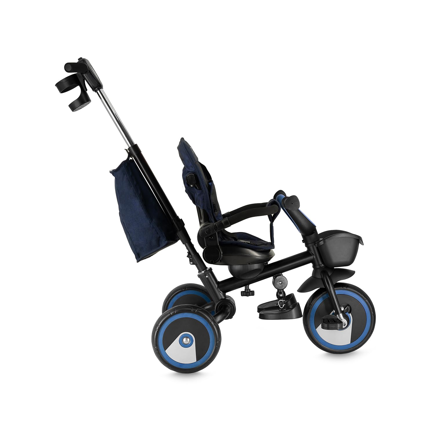 Triciclo per bambini MoMi IVI, seduta girevole 360°, cinture a 3 punti, poggiapiedi, tettuccio parasole, ruote EVA, manubrio regolabile, borsa e cestino portaoggetti