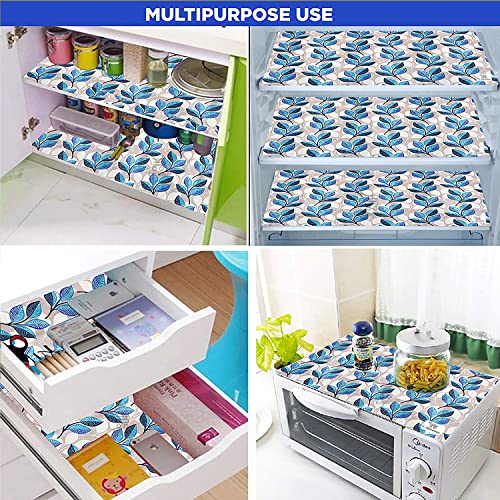 Image of Polyester 3-Layered Fridge Top Cover /Refrigerator Cover with Utility Pockets and Set of 4 Pc Fridge Mats (Color- Leaf Blue, Size-39x21 Inches)