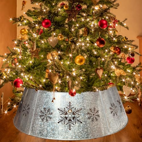 WKHOMEDECO 35.5" Galvanized Metal Christmas Tree Collar, Snowflake Diecut Christmas Tree Collars for Artificial Trees, Beautiful Metal Tree Collar Decorates Your Home for The Holidays