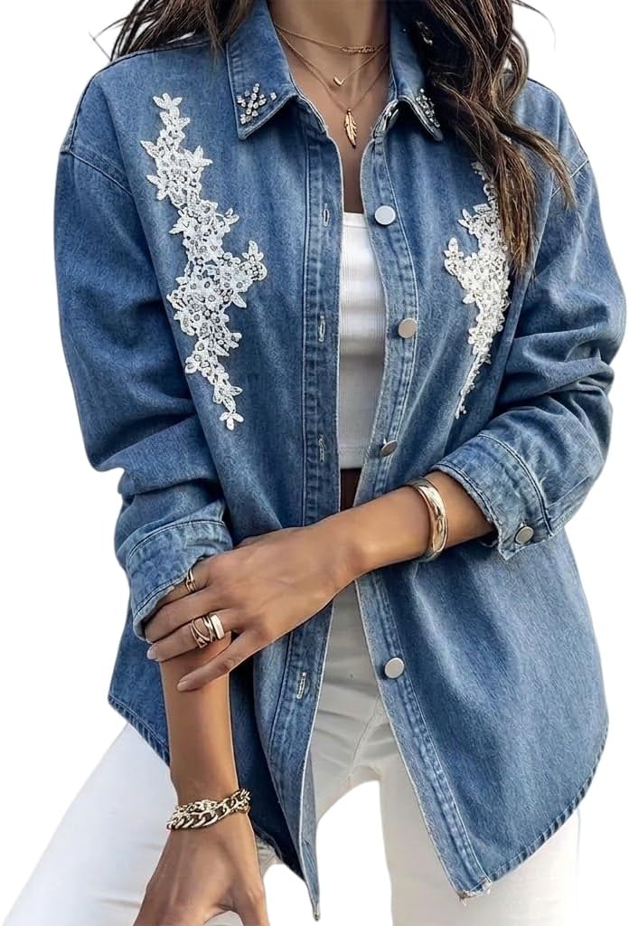 Women's Classic Denim Jacket - Fashion Oversized Jean Jacket, Stretch Distressed Long Sleeve Trucker Jacket with Pockets, Casual Streetwear Outerwear