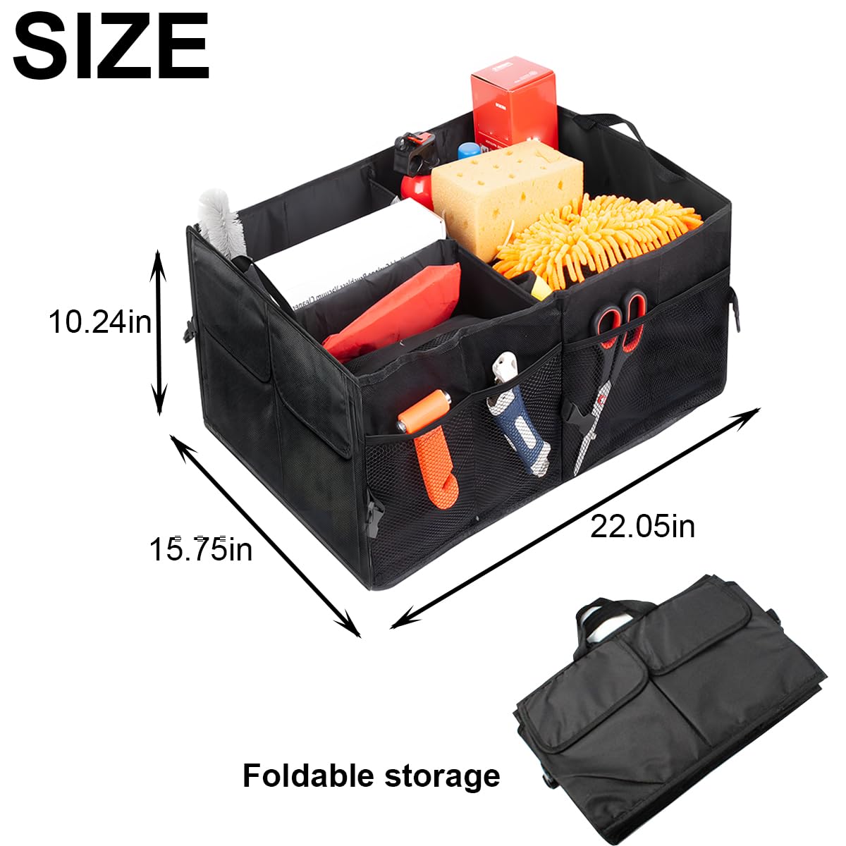 Mandark Car Trunk Organizer, Collapsible Multi Compartment Vehicle Storage Box, Waterproof Adjustable Automotive Organization Container Accessories, Universal for SUV, Sedan, Truck (Black)