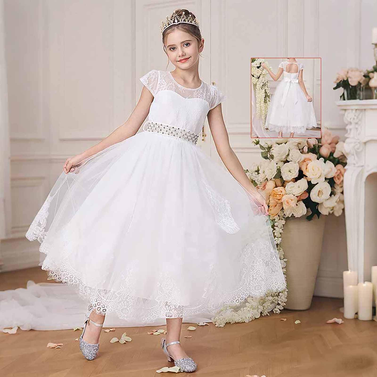 Prima Comunione Bambina 4-14 Anni in Misto Cotone con Maniche Corte e Gonna in Tulle Vestito Cerimonia Elegante Comunione Vestiti Abito Damigella Vestito Principessa per Festa, Spettacoli,
