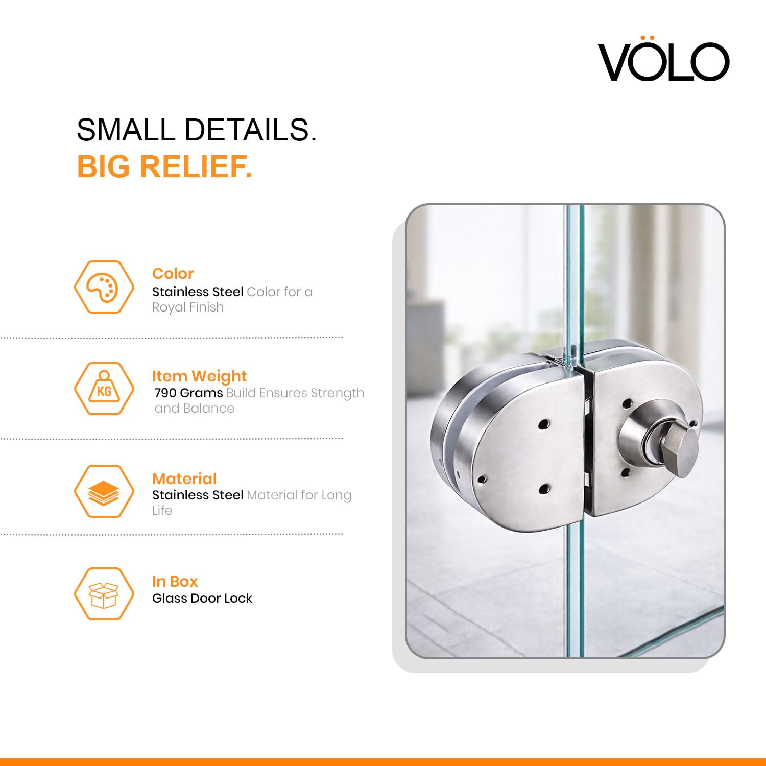 Volo Premium Stainless Steel Glass to Glass Door Lock with Computerised Brass Keys, One Side Key and One Side Knob (Silver) — Amazon image 6