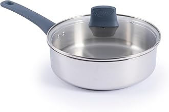 T-fal Essentials Stainless Steel Saute Pan with Lid 3.5 Quart, Induction Compatible, Oven Safe 350F, Perfect For Sautéing, Browning, & Simmering, Saucepan, Measuring Marks, Dishwasher Safe Silver/Blue
