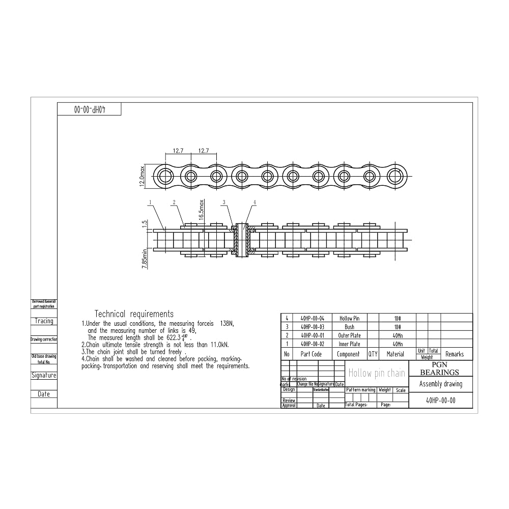 PGN #40HP Hollow Pin Roller Chain x 10 feet + 2 Connecting Link