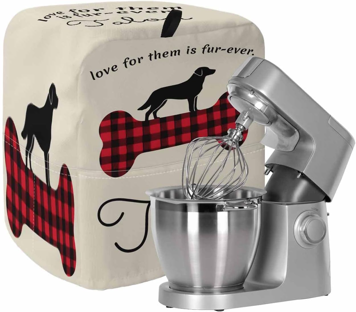 Black Red Buffalo Plaid Stand Mixer Cover with Storage Pocket, Waterproof Kitchen Mixer Covers, Bones Cute Dogs Pets Kitchen Appliance Dust Cover Compatible with 5-8 Quart Mixers