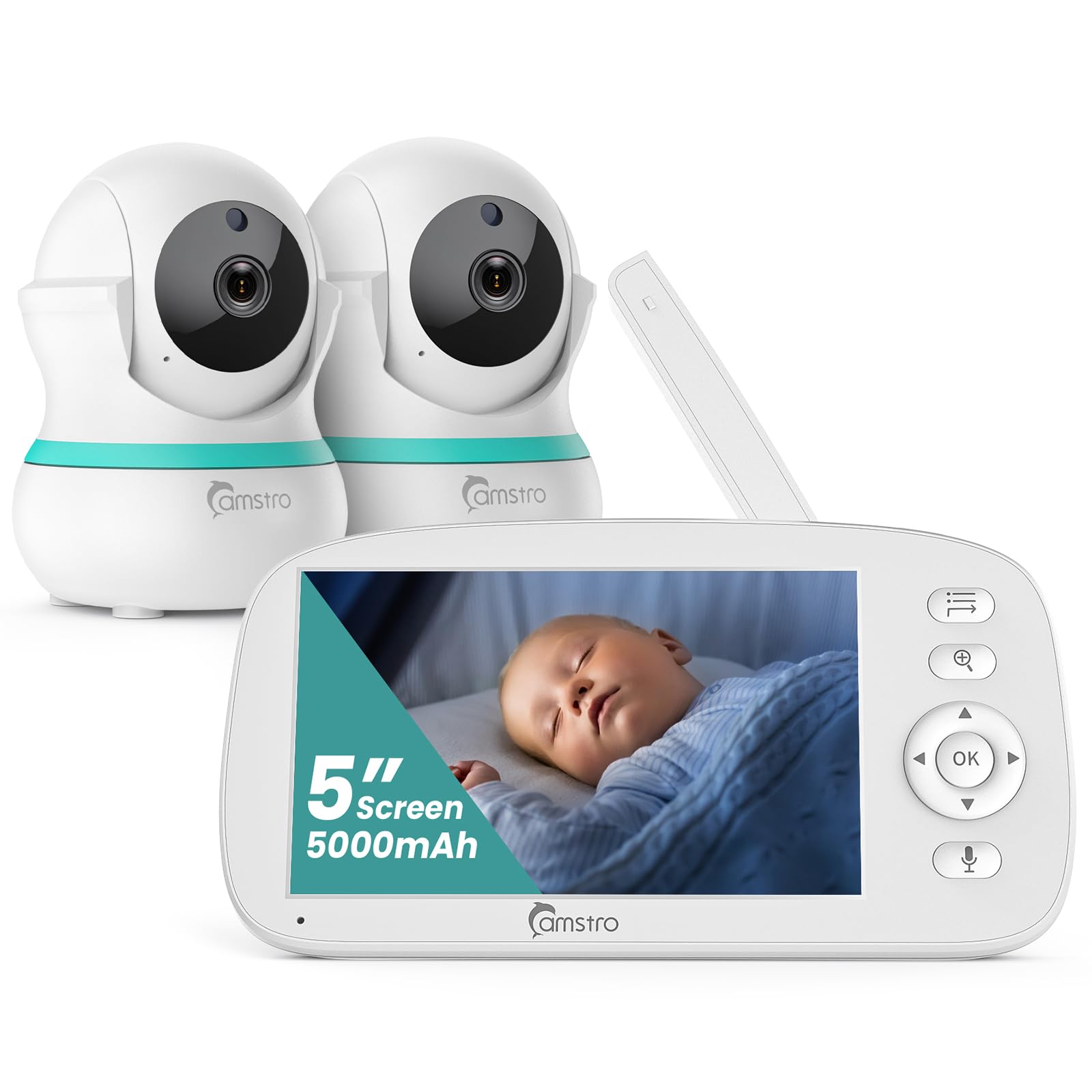Babyphone mit 2 Kameras, 5000 mAh Akku mit 5 Zoll Bildschirm, 355° Schwenken- 4X-Zoom, Babyfone ohne WLAN, 2 Wege Audio, Weinen/Geräuscherkennung, 5 Schlaflieder, Nachtsicht