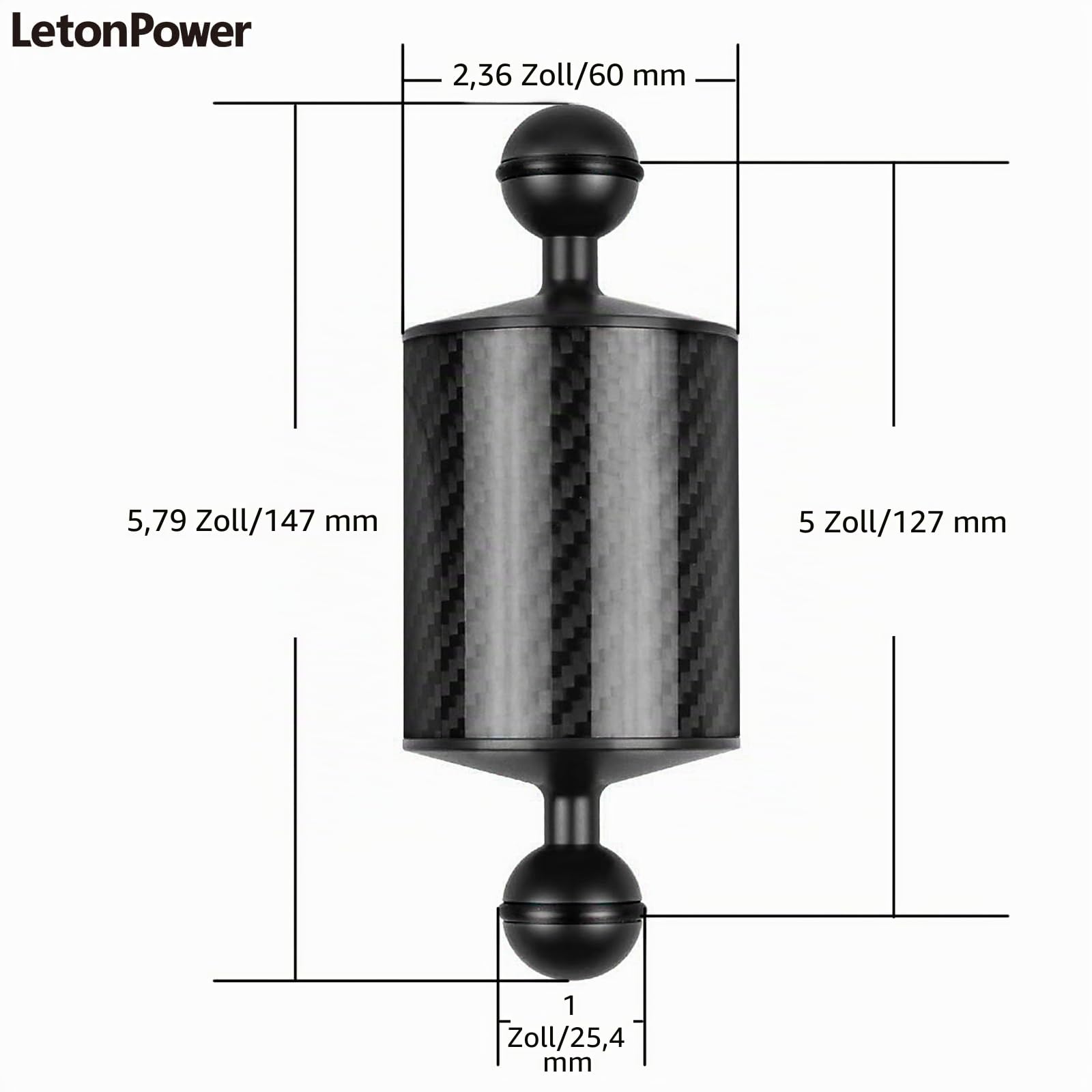 Unterwasser-Schwimmarm aus Kohlefaser, für ultraleichten Wasserarm, Dual 1-Zoll-Ballauftrieb, Schwimmarme, Beleuchtungssystem für Tauchtablett (Schwarz, D60mm, 5")