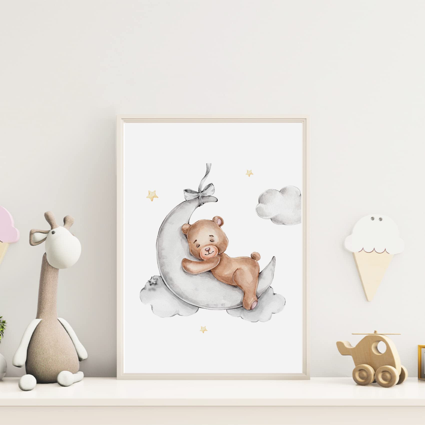 MeinBaby123® Set di 3 immagini per cameretta dei bambini, formato DIN A4, immagini da parete con scritta, decorazione per la cameretta dei bambini, decorazione da parete di alta qualità (orso e luna)