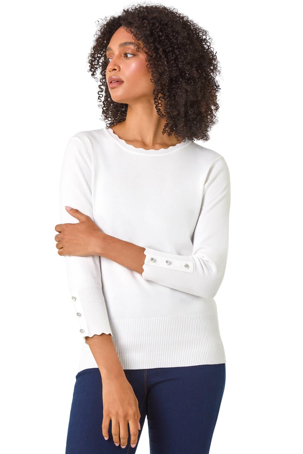 Roman Women's Ivory Sparkly Diamante Button Scallop Edge Jumper