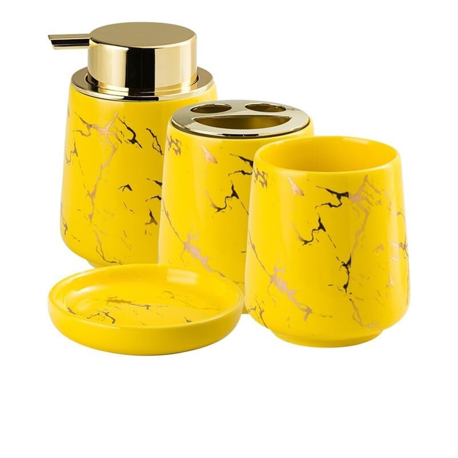 Set di accessori per il bagno Set di lavaggio con dispenser sapone in marmo, pompa for lozione for le mani, portaspazzolino e bicchieri Arredamento per gli affittuari(Yellow Four Piece)