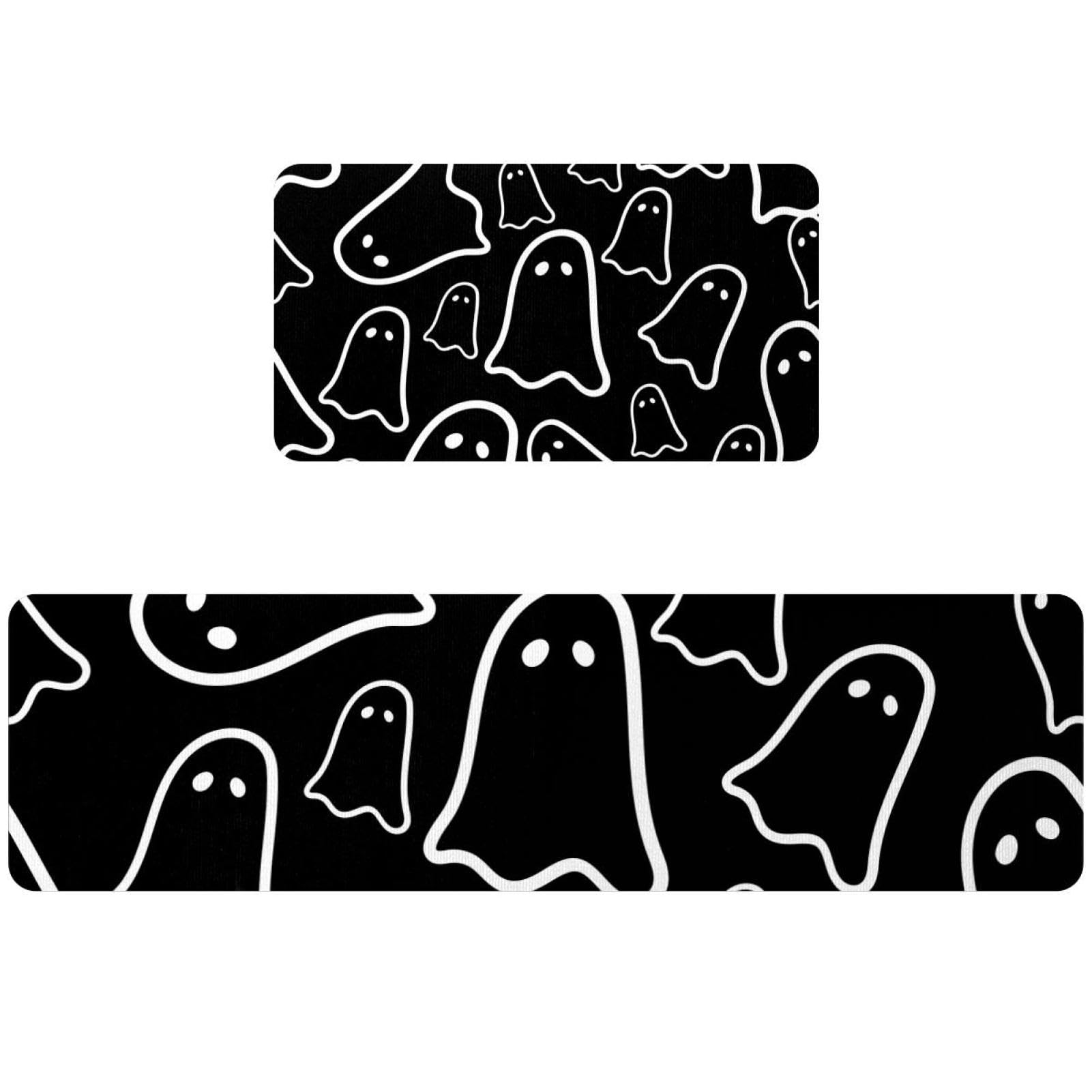 Tapis de cuisine lavable sur fond noir avec motif fantôme d'Halloween