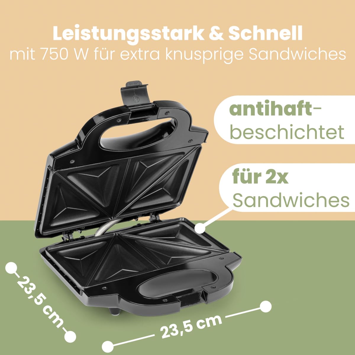 Clatronic ST 3778 Sandwichmaker I elektrischer Sandwichtoaster I Sandwich-Maker mit dreieckigen Sandwichplatten antihaftbeschichtet I automatischer Temperaturregler I 750 Watt I Schwarz/Edelstahl